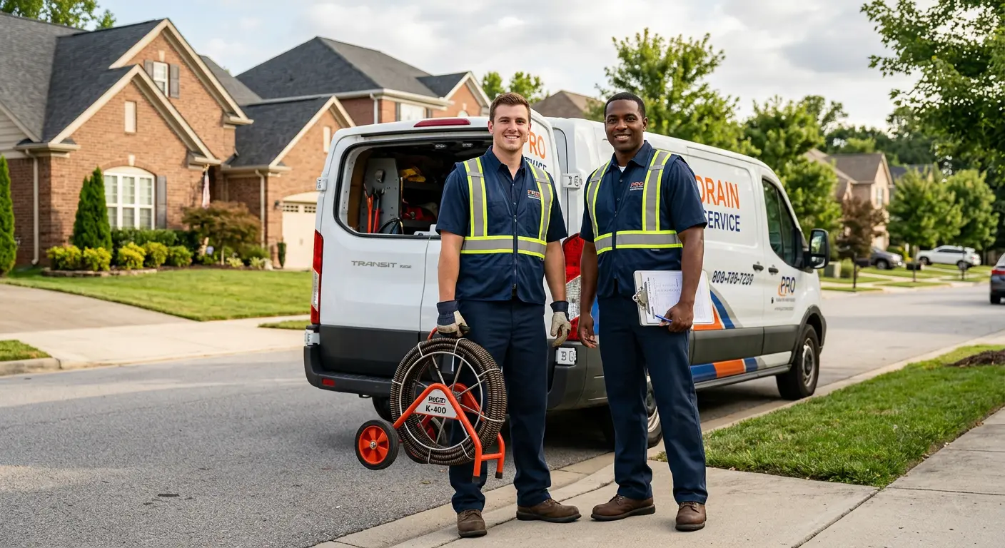Sewer and drain service team with equipment ready for work in Bloomingdale