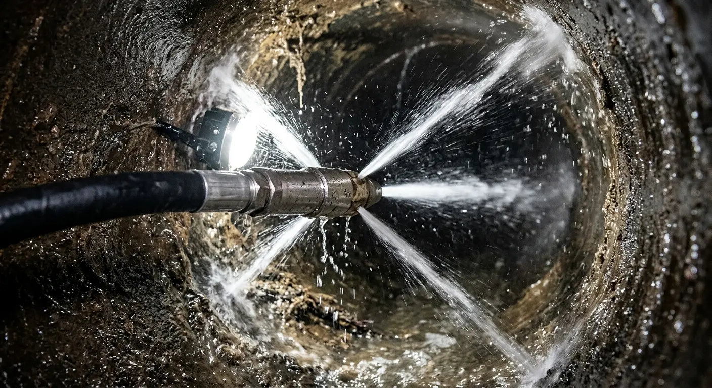 High-pressure hydro jetting nozzle cleaning sewer pipe for Trenchless Sewer Repair in Bloomingdale