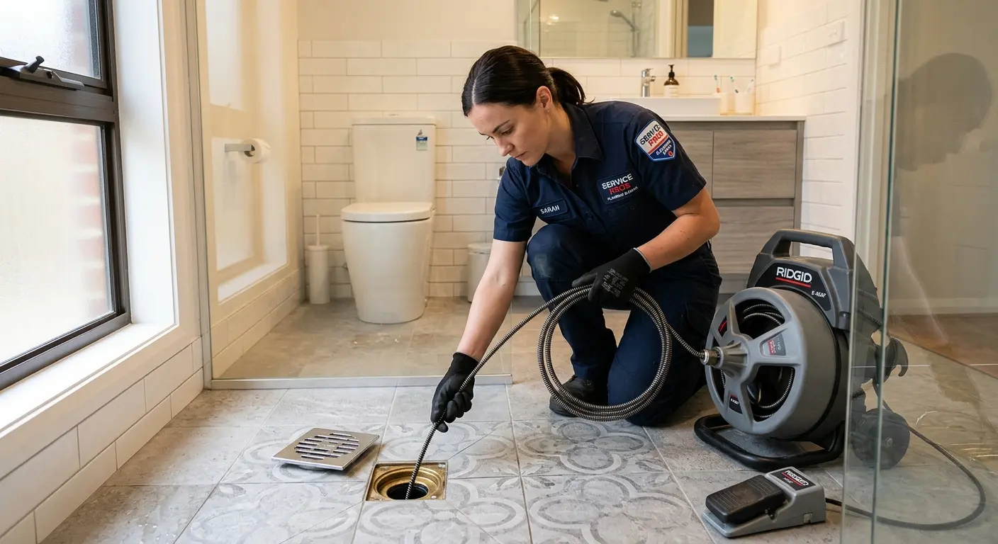 Technician clearing a bathroom floor drain for Drain Cleaning in Bloomingdale